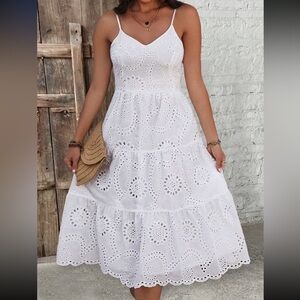 Boho White Sheer Eyelet Floral Lace Cami Midi Dress